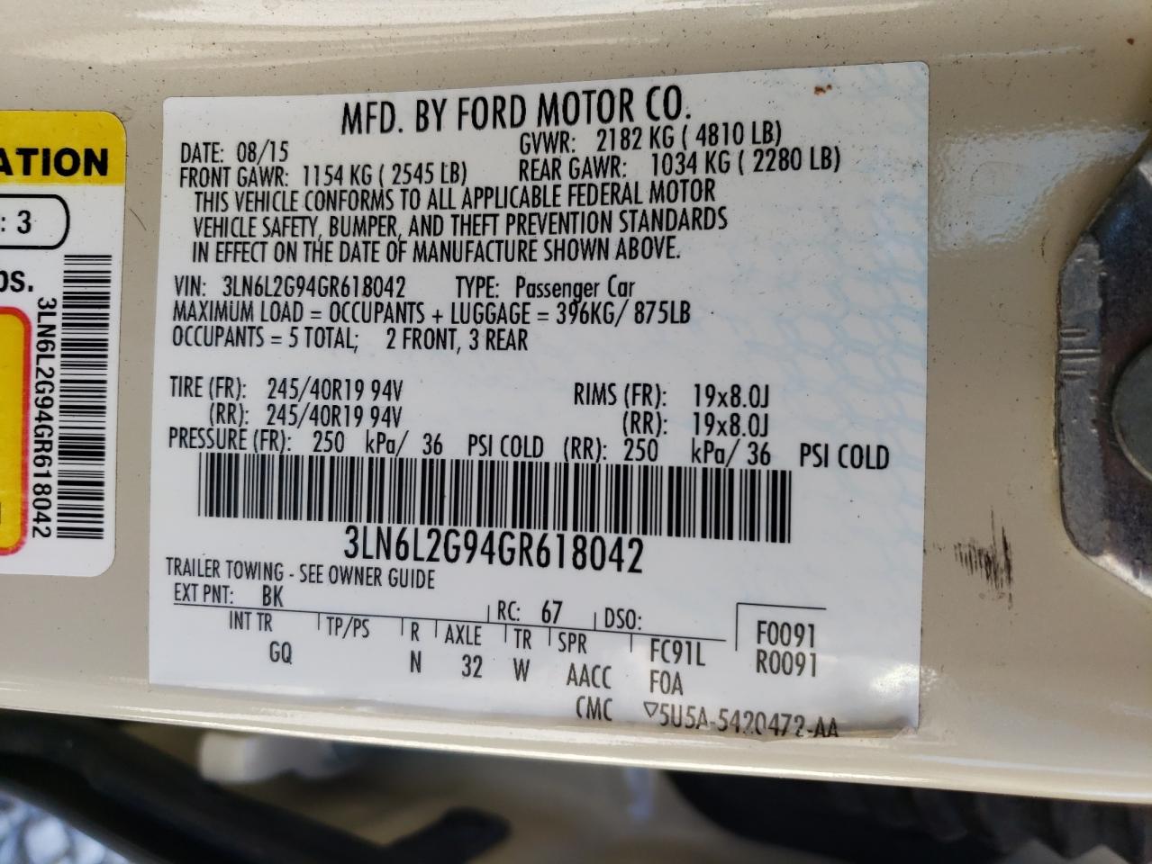 Photo 10 from auction – 2016 LINCOLN MKZ with VIN 3LN6L2G94GR618042