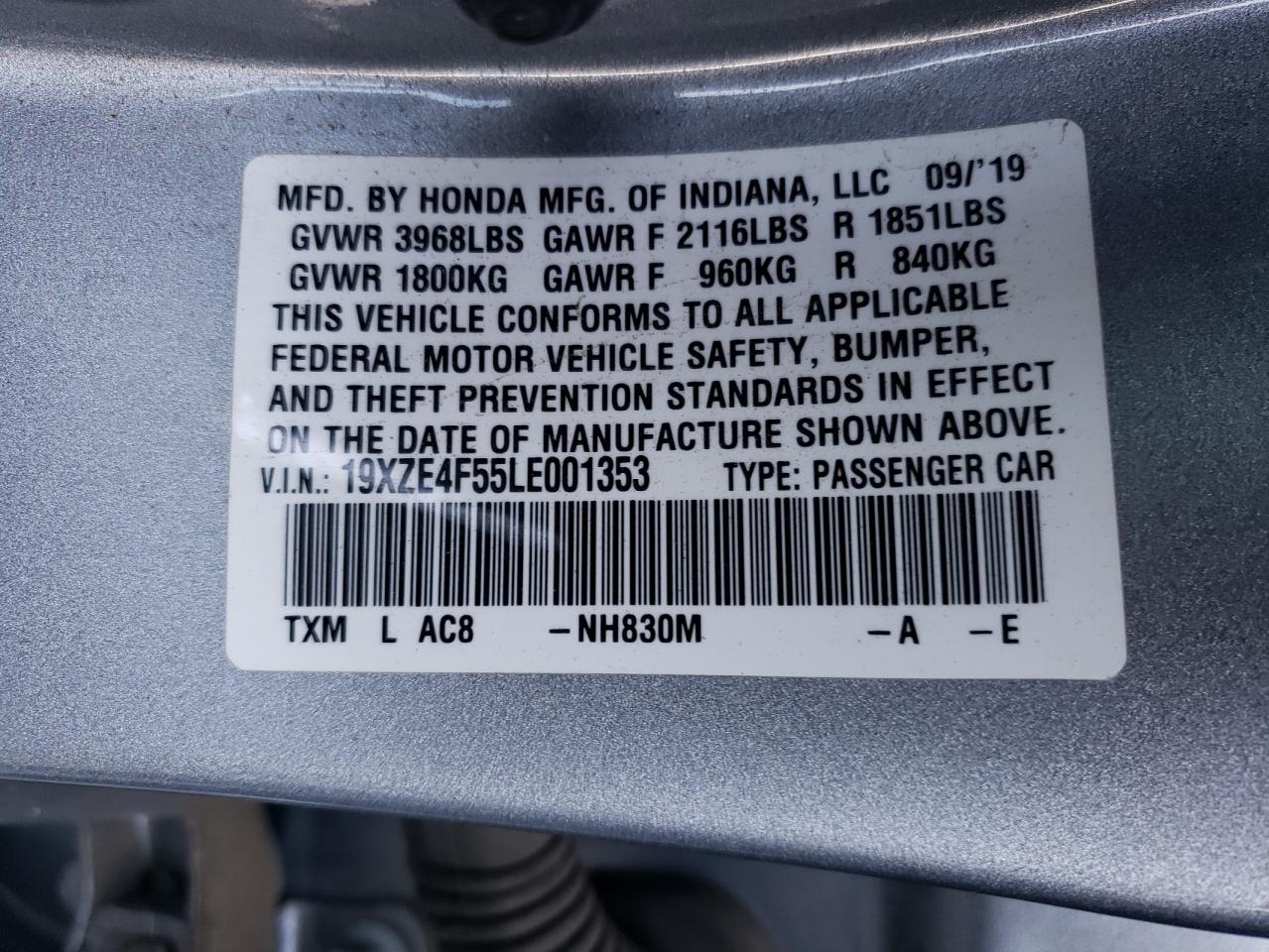 Photo 10 from auction – 2020 HONDA INSIGHT EX with VIN 19XZE4F55LE001353