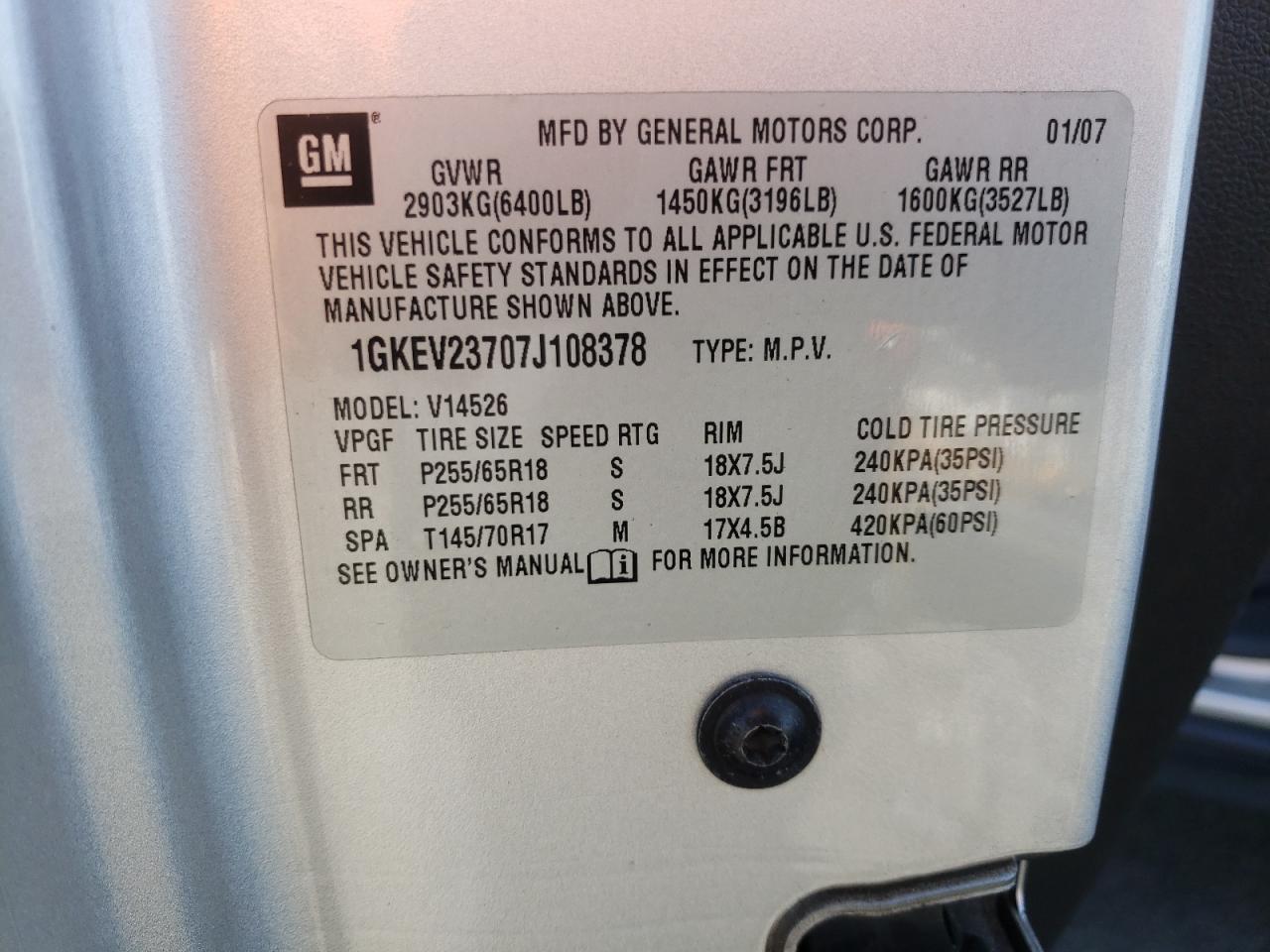 Photo 10 from auction – 2007 GMC ACADIA SLT with VIN 1GKEV23707J108378