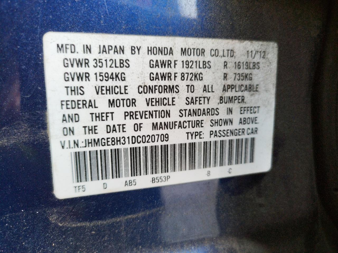 Photo 10 from auction – 2013 HONDA FIT with VIN JHMGE8H31DC020709