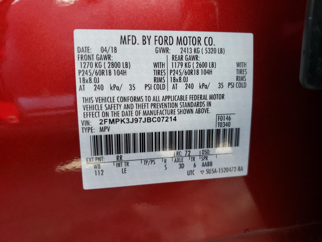 Photo 10 from auction – 2018 FORD EDGE SEL with VIN 2FMPK3J97JBC07214