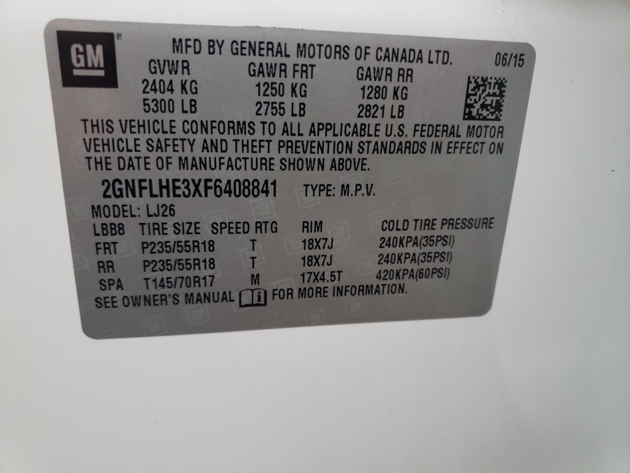 Photo 10 from auction – 2015 CHEVROLET EQUINOX LT with VIN 2GNFLHE3XF6408841