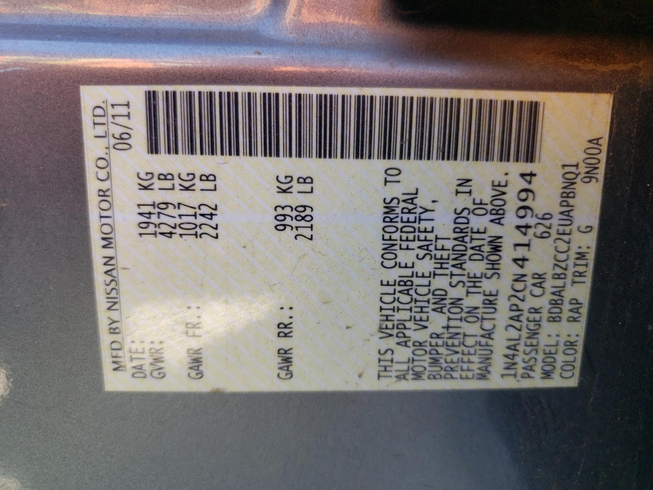 Photo 10 from auction – 2012 NISSAN ALTIMA BAS with VIN 1N4AL2AP2CN414994