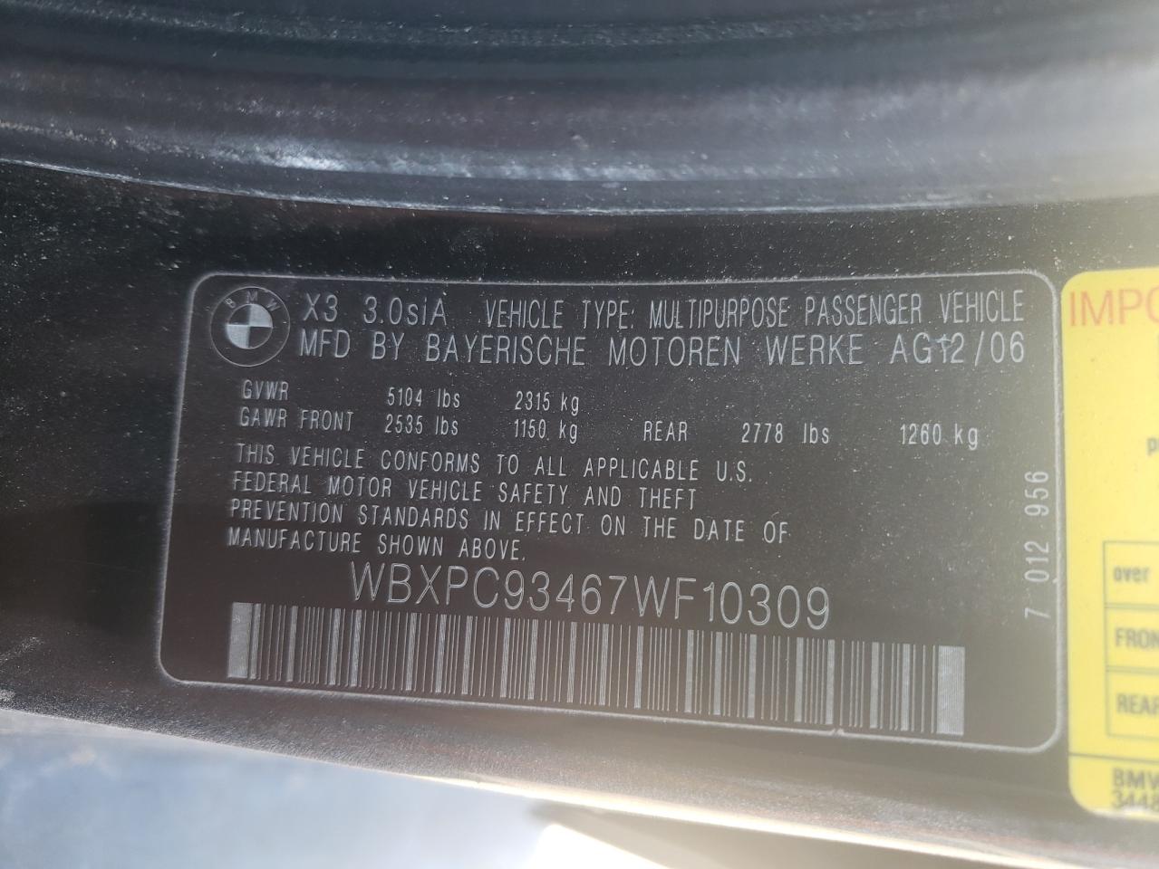 Photo 10 from auction – 2007 BMW X3 3.0SI with VIN WBXPC93467WF10309