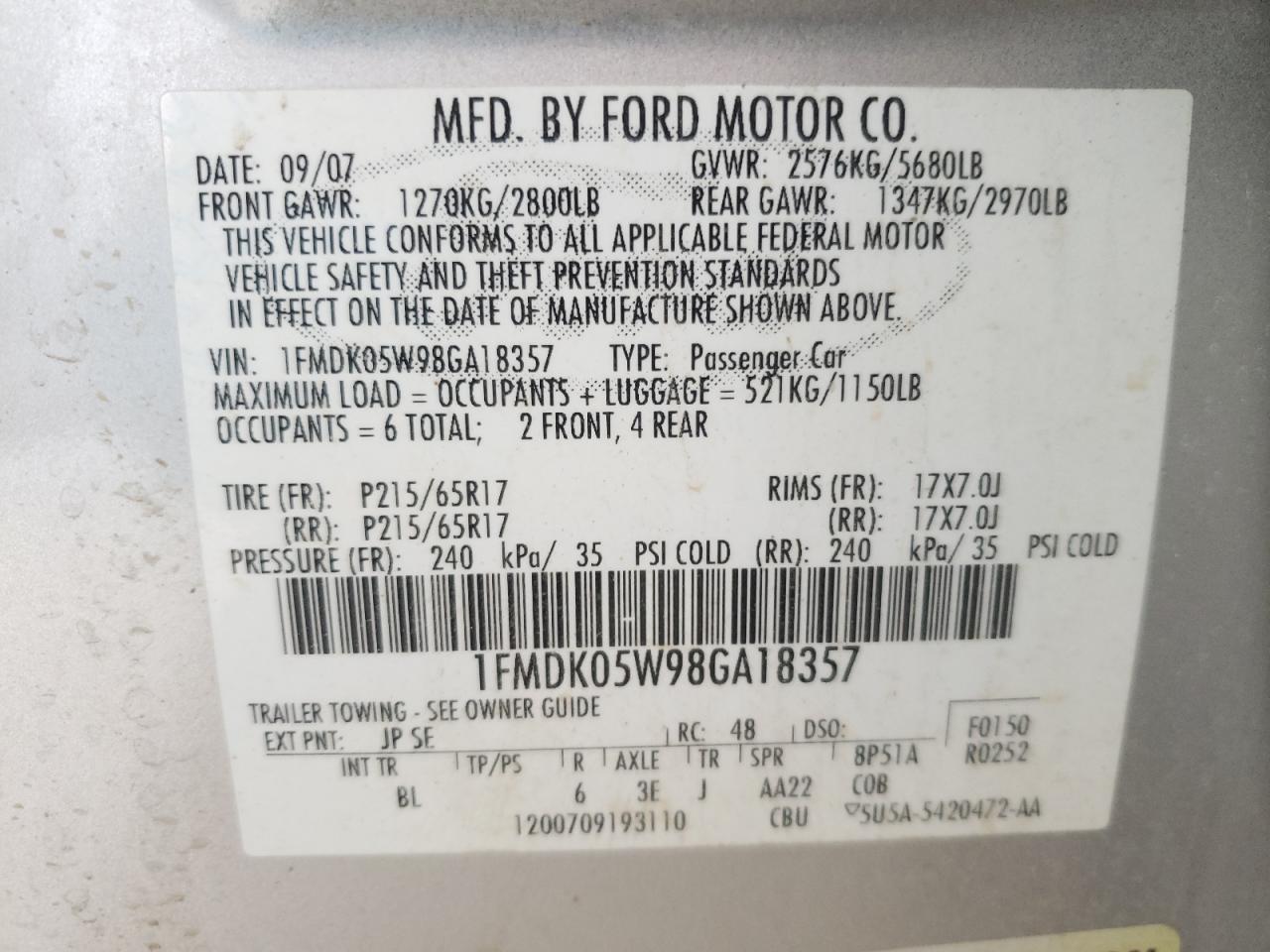 Photo 10 from auction – 2008 FORD TAURUS X S with VIN 1FMDK05W98GA18357