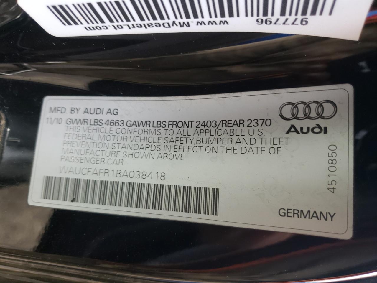 Photo 10 from auction – 2011 AUDI A5 PREMIUM with VIN WAUCFAFR1BA038418
