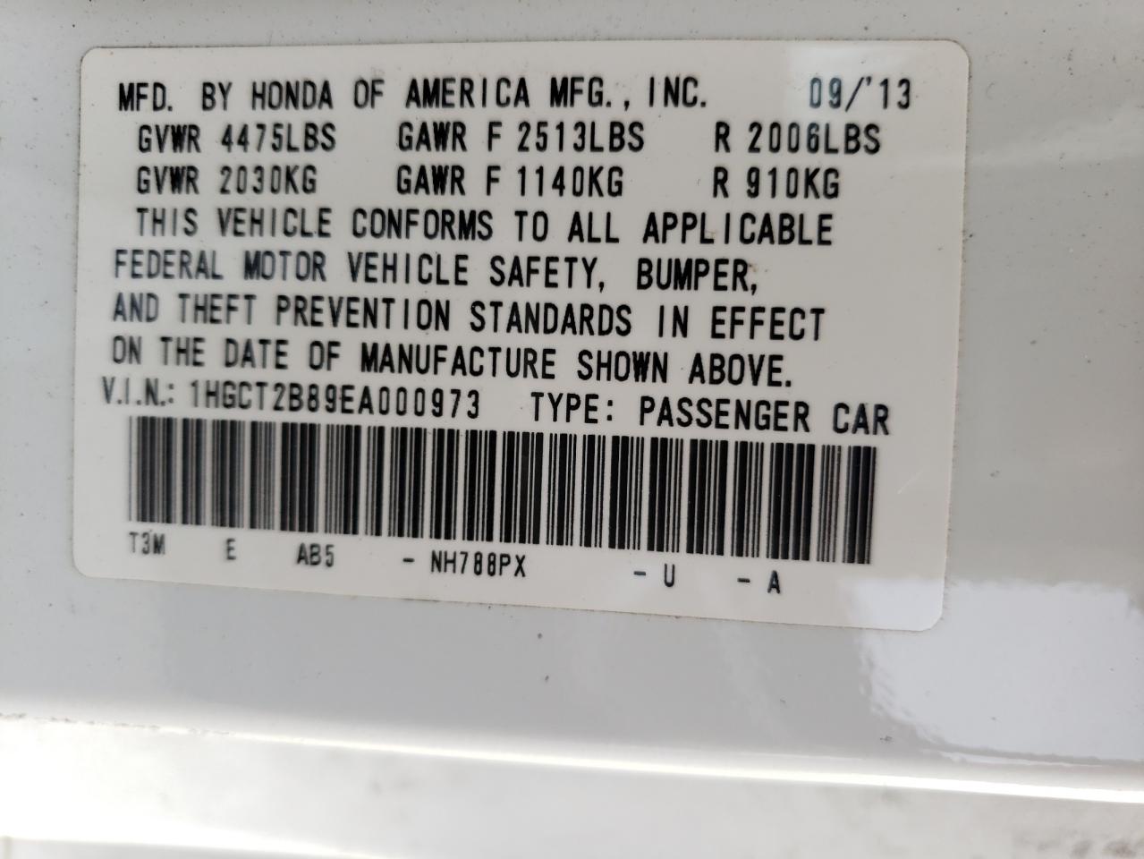 Photo 10 from auction – 2014 HONDA ACCORD EXL with VIN 1HGCT2B89EA000973