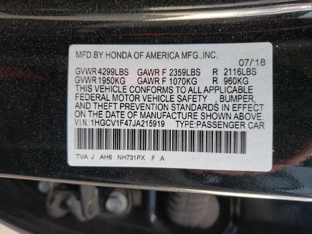 Photo 10 from auction – 2018 HONDA ACCORD EX with VIN 1HGCV1F47JA215919