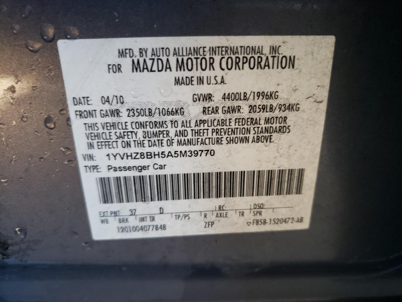 Photo 10 from auction – 2010 MAZDA 6 I with VIN 1YVHZ8BH5A5M39770