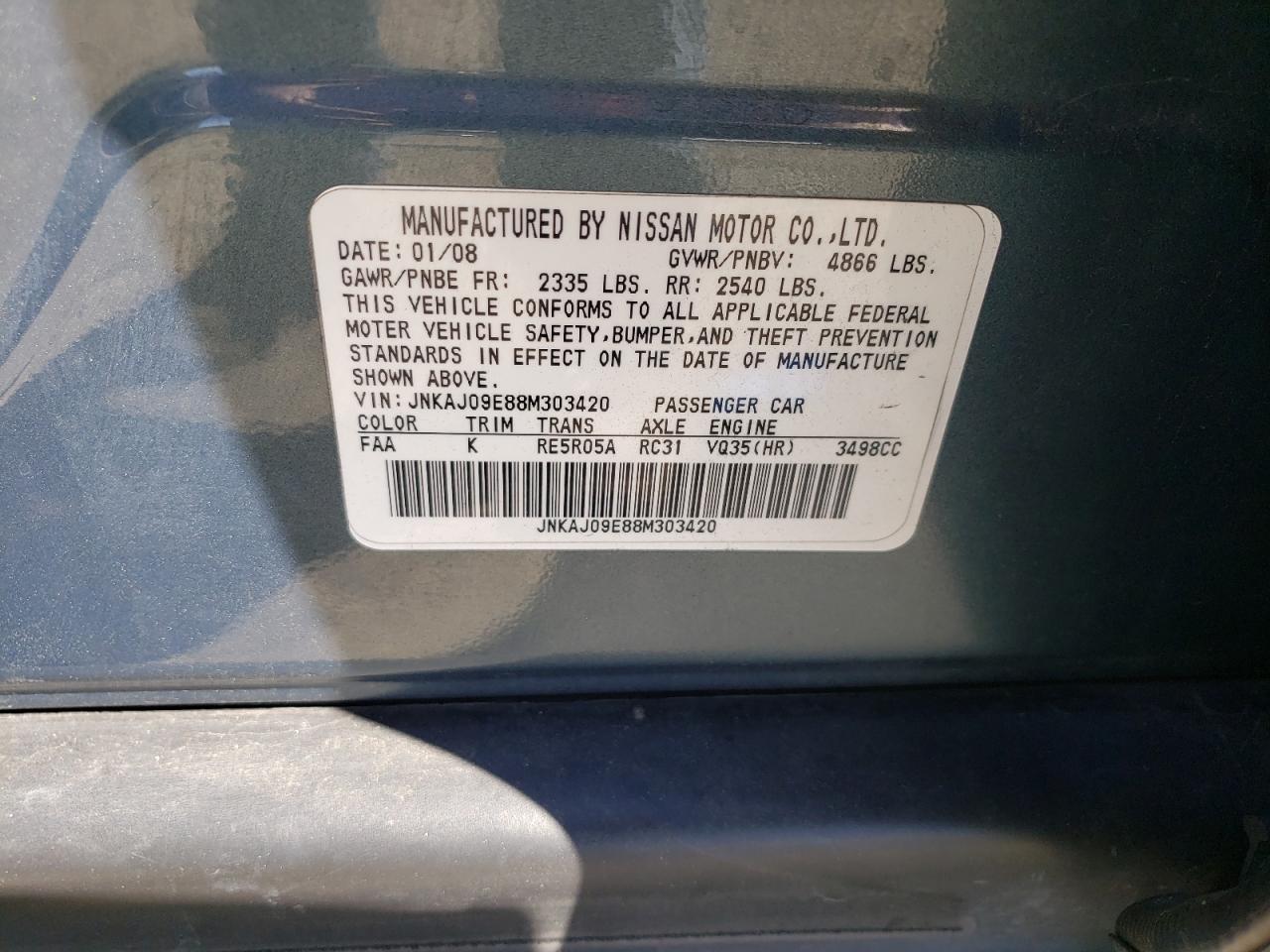 Photo 10 from auction – 2008 INFINITI EX35 BASE with VIN JNKAJ09E88M303420