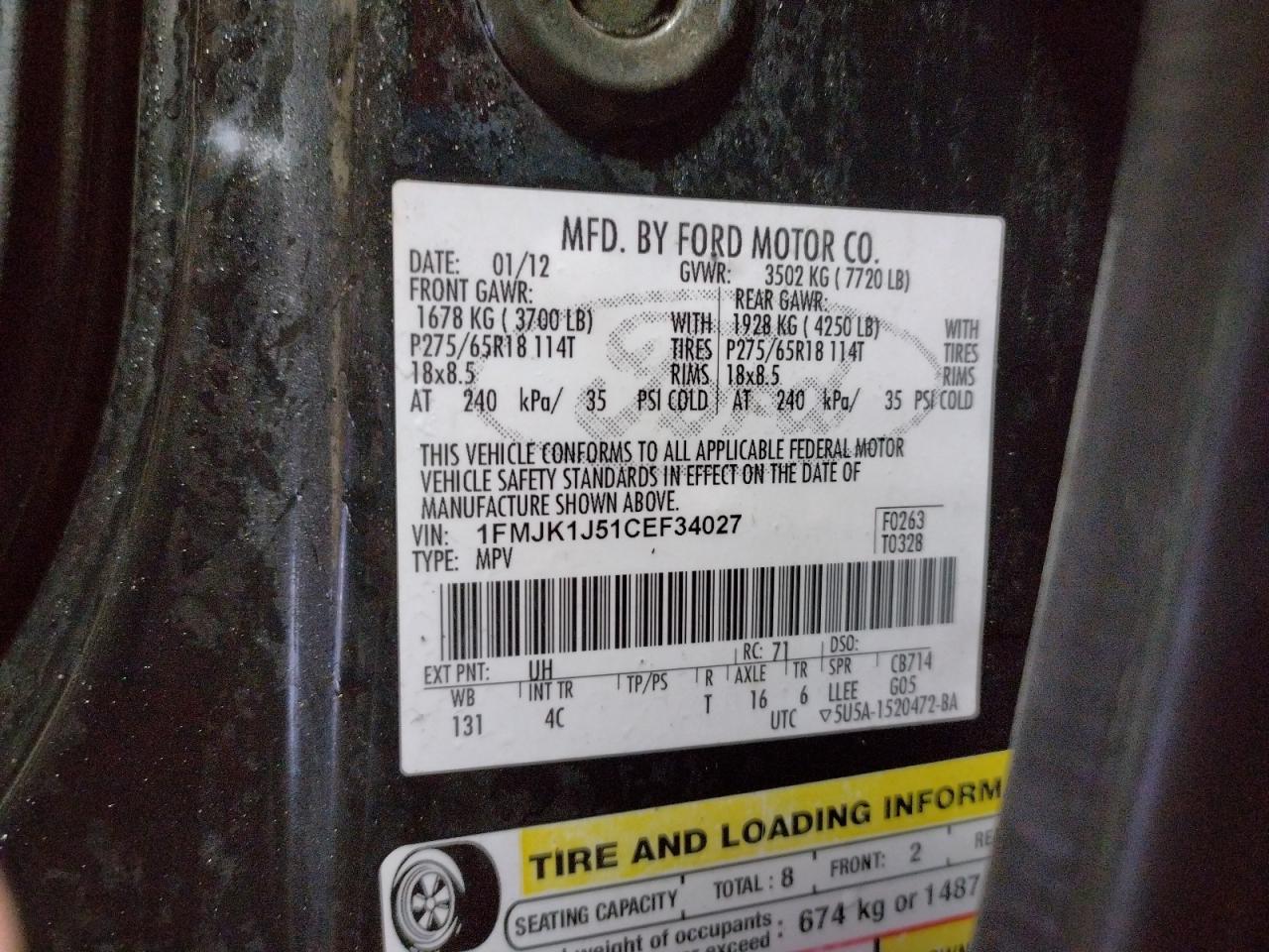Photo 11 from auction – 2012 FORD EXPEDITION with VIN 1FMJK1J51CEF34027