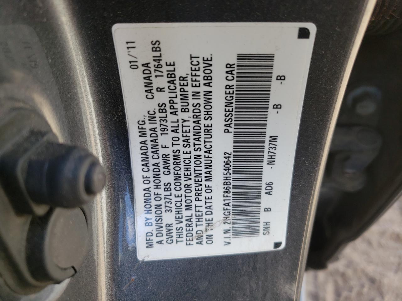Photo 10 from auction – 2011 HONDA CIVIC EX with VIN 2HGFA1F86BH540642