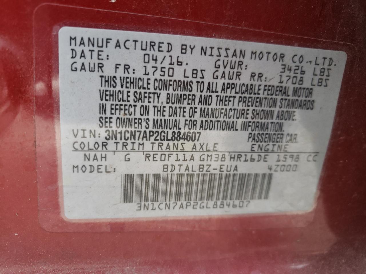 Photo 10 from auction – 2016 NISSAN VERSA S with VIN 3N1CN7AP2GL884607