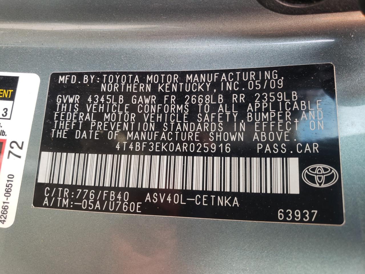 Photo 10 from auction – 2010 TOYOTA CAMRY BASE with VIN 4T4BF3EK0AR025916