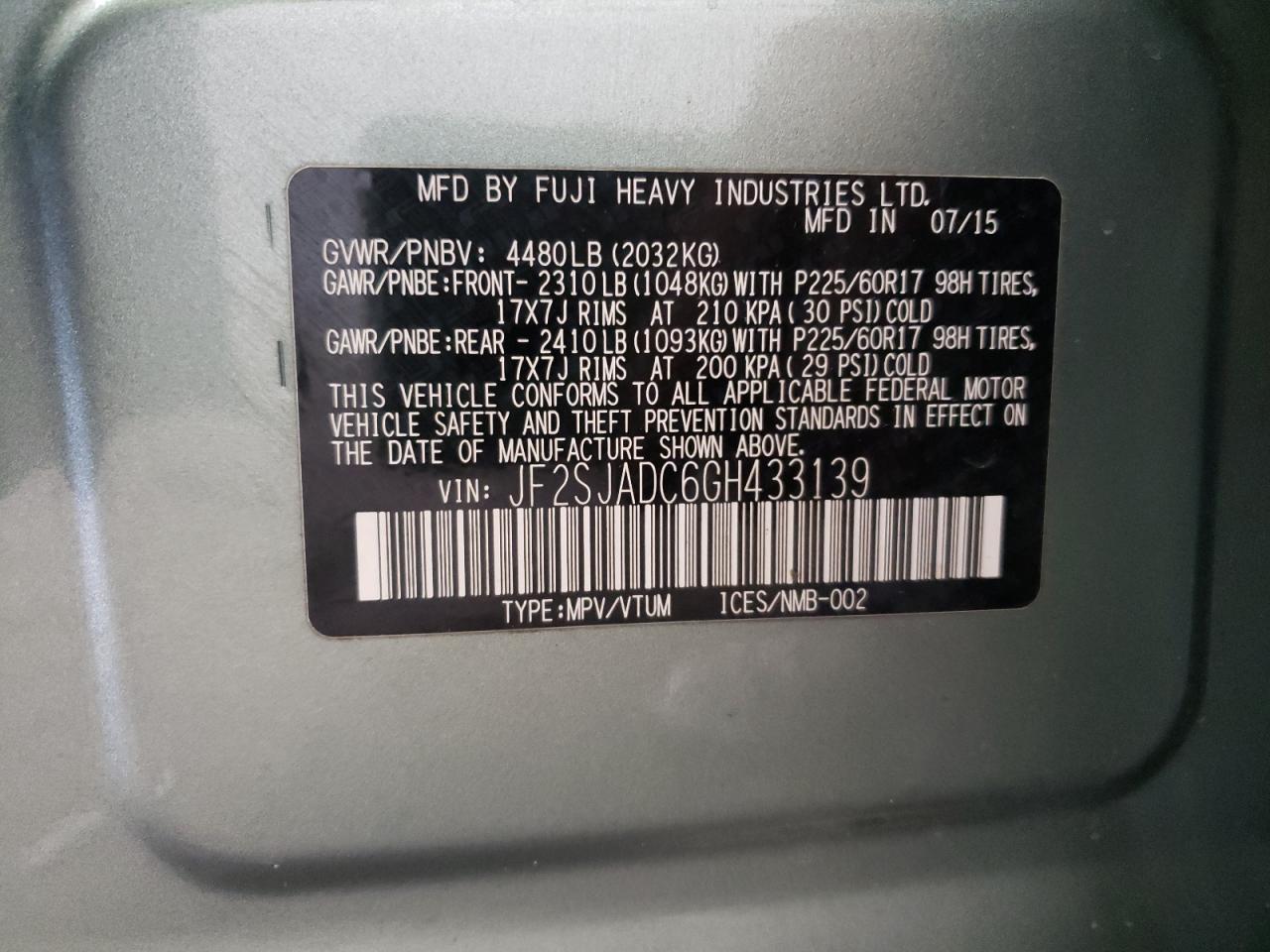 Photo 10 from auction – 2016 SUBARU FORESTER 2 with VIN JF2SJADC6GH433139