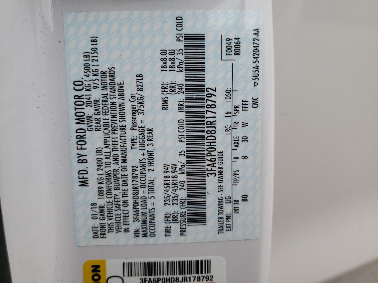 Photo 10 from auction – 2018 FORD FUSION SE with VIN 3FA6P0HD8JR178792