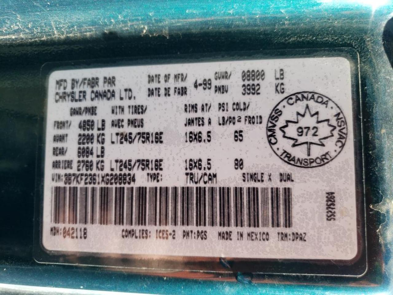 Photo 10 from auction – 1999 DODGE RAM 2500 with VIN 3B7KF2361XG208834
