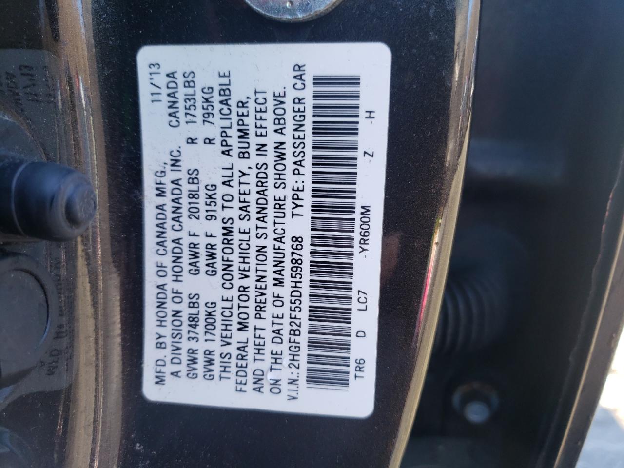 Photo 10 from auction – 2013 HONDA CIVIC LX with VIN 2HGFB2F55DH598768
