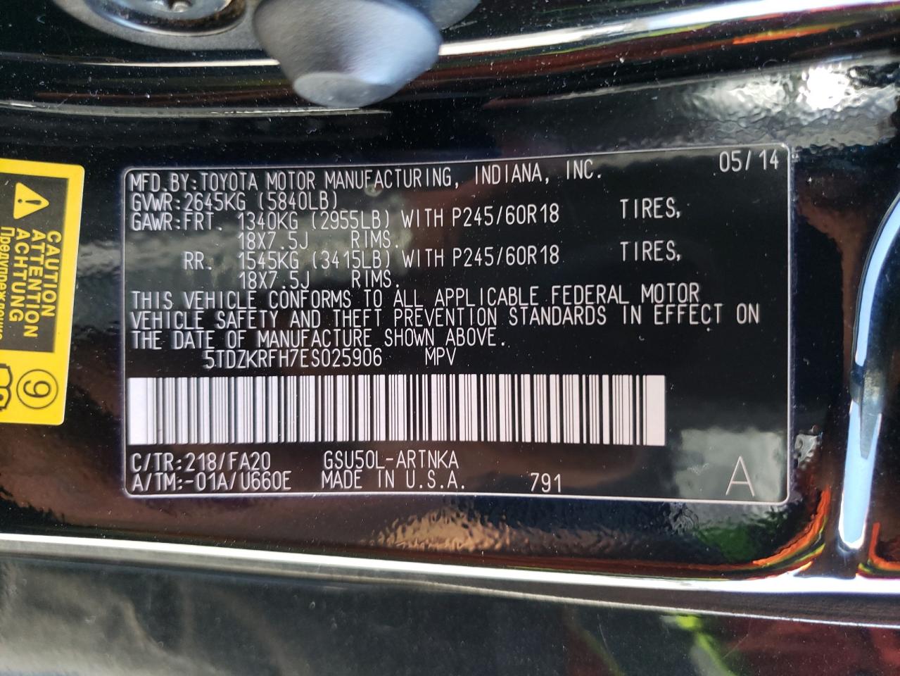 Photo 10 from auction – 2014 TOYOTA HIGHLANDER with VIN 5TDZKRFH7ES025906