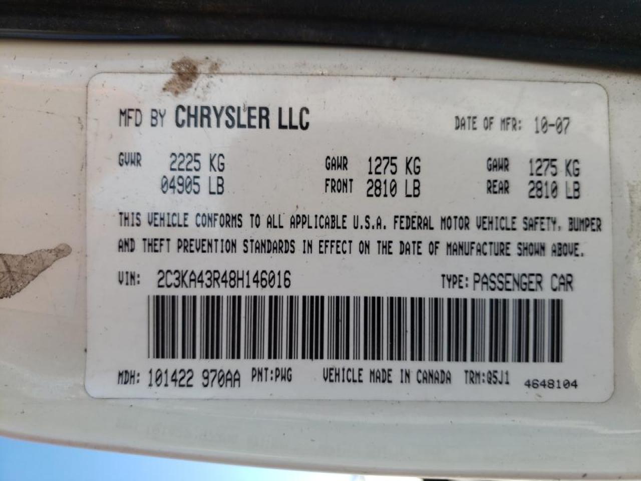 Photo 10 from auction – 2008 CHRYSLER 300 LX with VIN 2C3KA43R48H146016