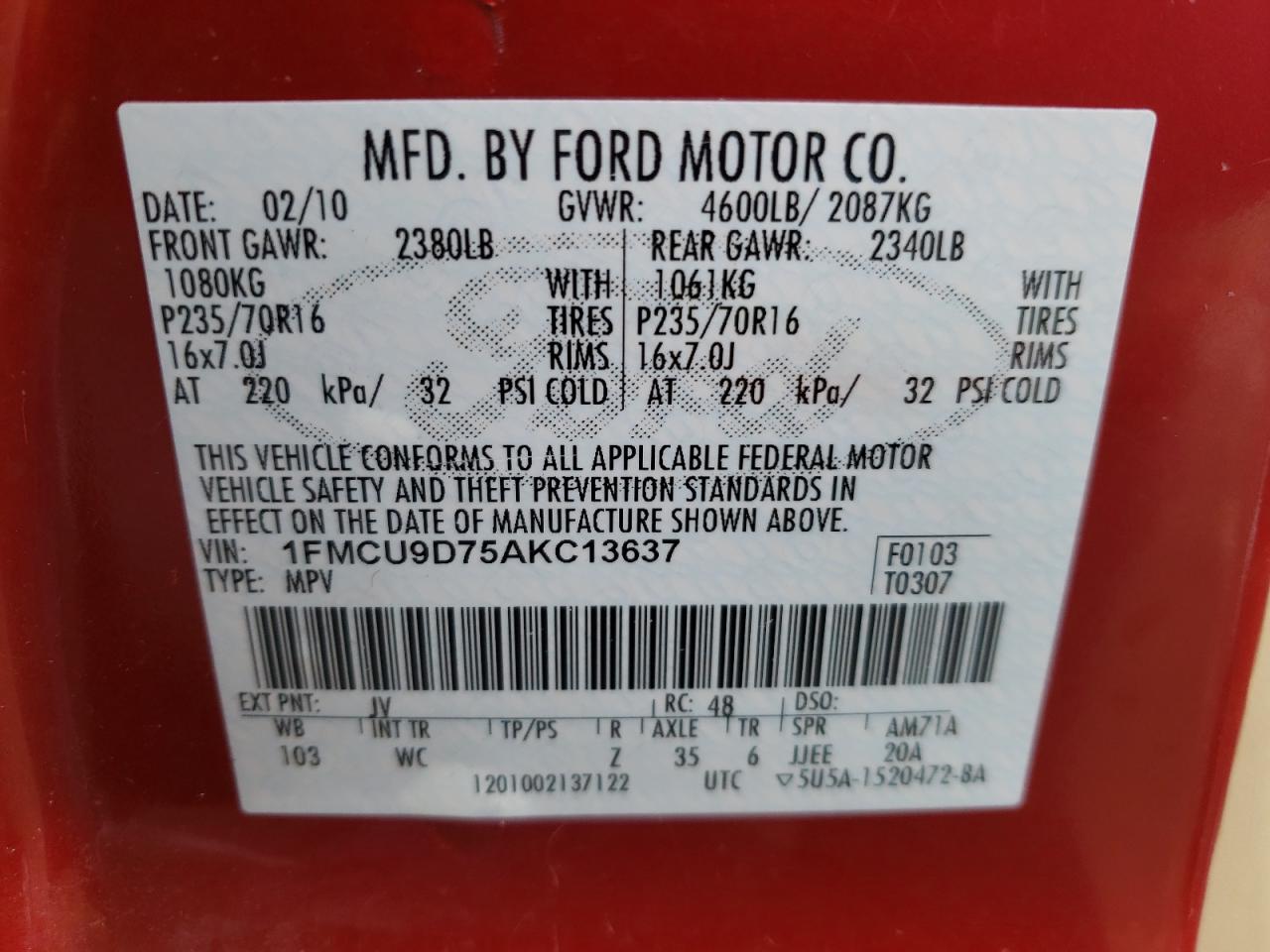 Photo 10 from auction – 2010 FORD ESCAPE XLT with VIN 1FMCU9D75AKC13637