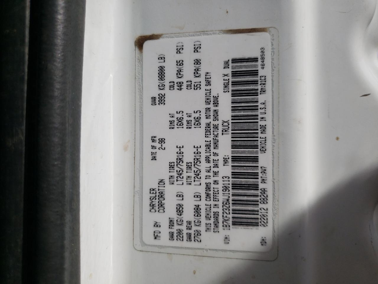 Photo 10 from auction – 1998 DODGE RAM 2500 with VIN 1B7KF23Z6WJ190113