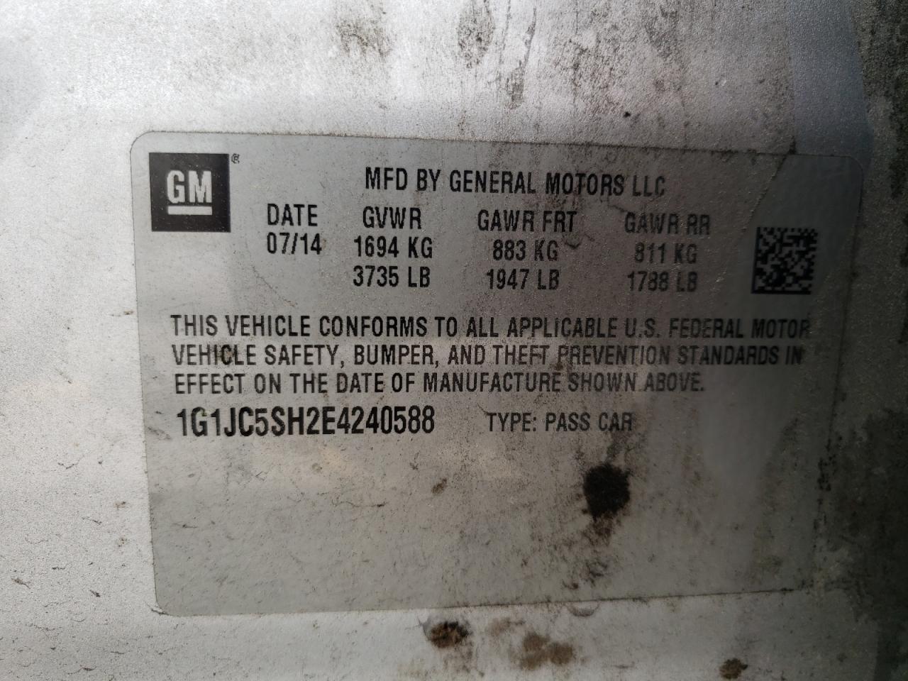 Photo 10 from auction – 2014 CHEVROLET SONIC LT with VIN 1G1JC5SH2E4240588