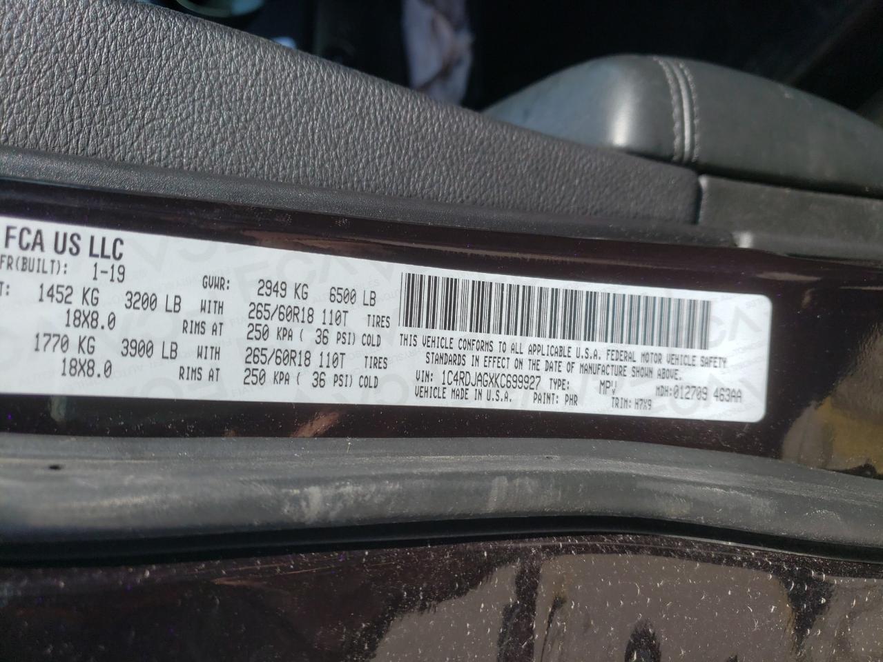 Photo 10 from auction – 2019 DODGE DURANGO SX with VIN 1C4RDJAGXKC699927