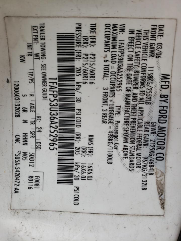 Photo 10 from auction – 2006 FORD TAURUS SE with VIN 1FAFP53U36A252965