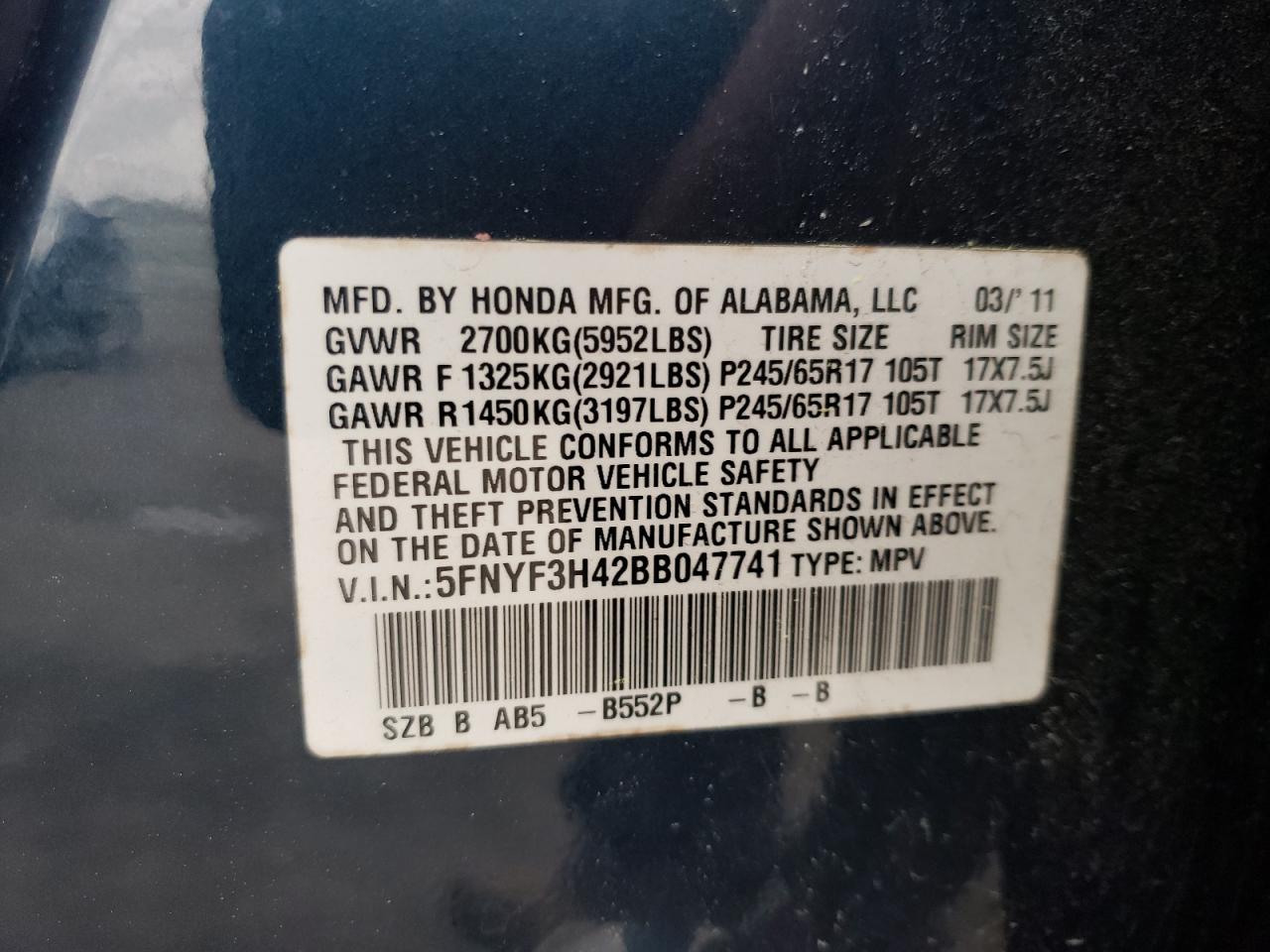 Photo 10 from auction – 2011 HONDA PILOT EX with VIN 5FNYF3H42BB047741