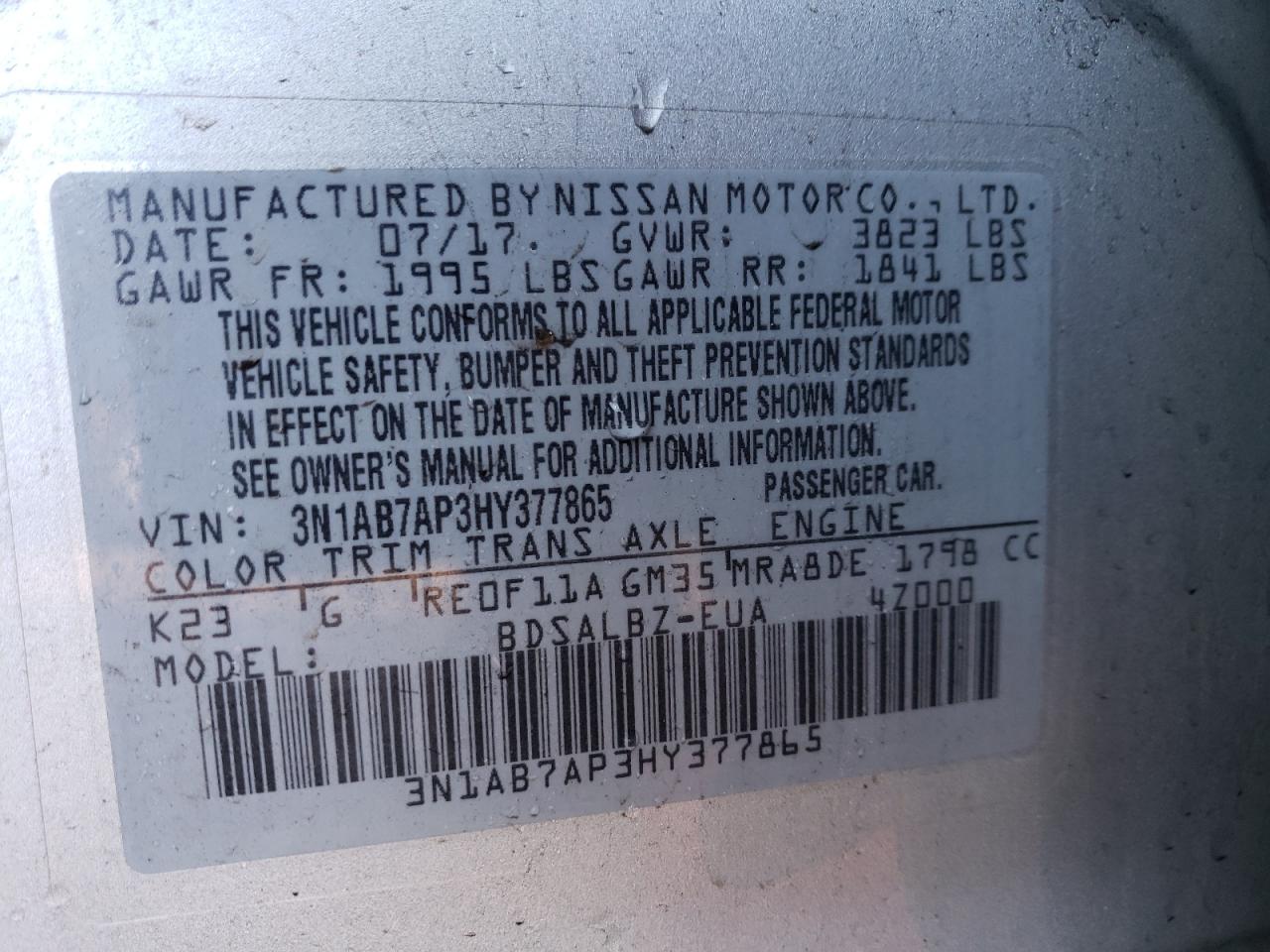 Photo 10 from auction – 2017 NISSAN SENTRA S with VIN 3N1AB7AP3HY377865