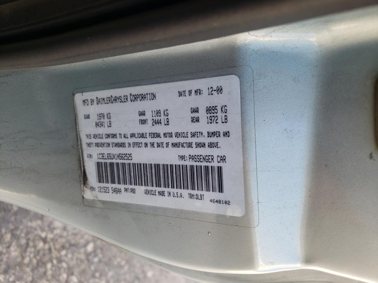 Photo 10 from auction – 2001 CHRYSLER SEBRING LI with VIN 1C3EL65UX1N562525