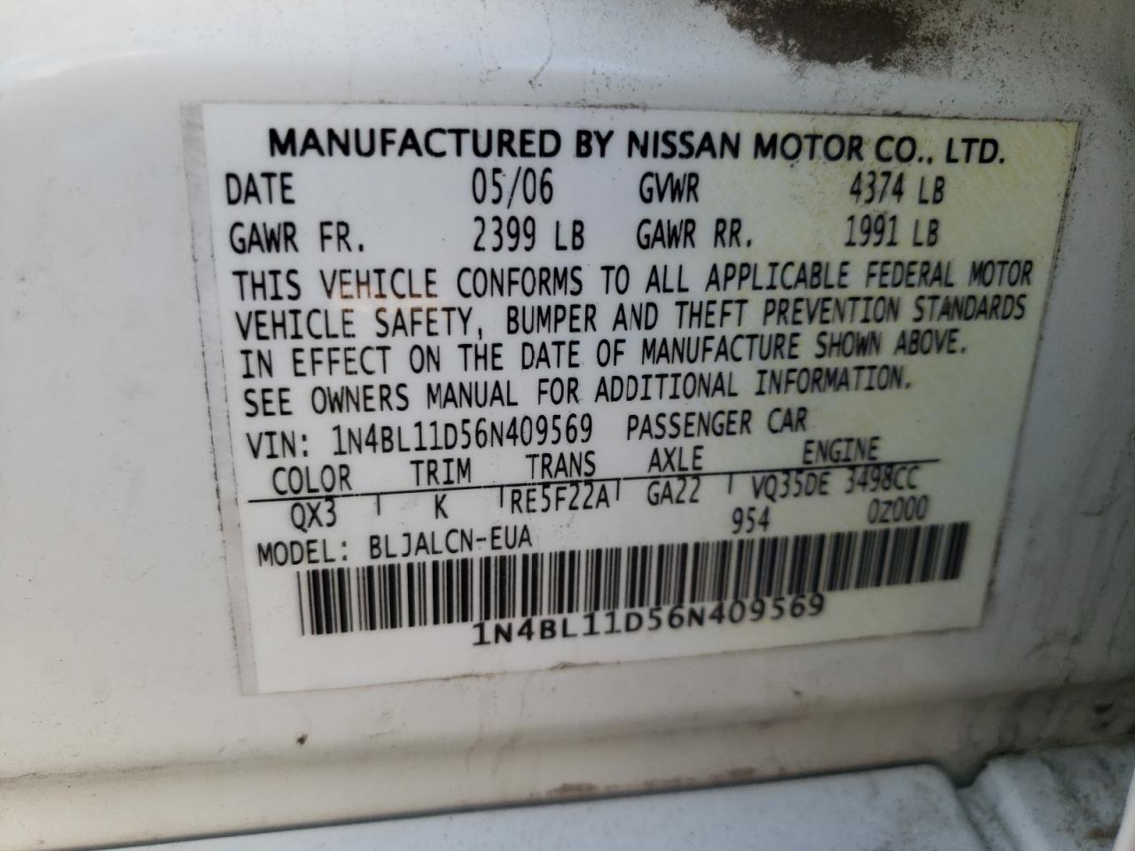 Photo 10 from auction – 2006 NISSAN ALTIMA SE with VIN 1N4BL11D56N409569