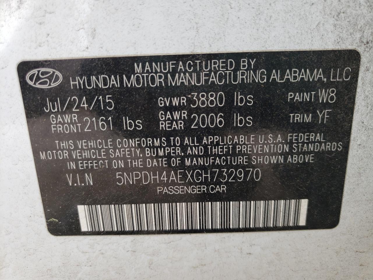 Photo 10 from auction – 2016 HYUNDAI ELANTRA with VIN 5NPDH4AEXGH732970
