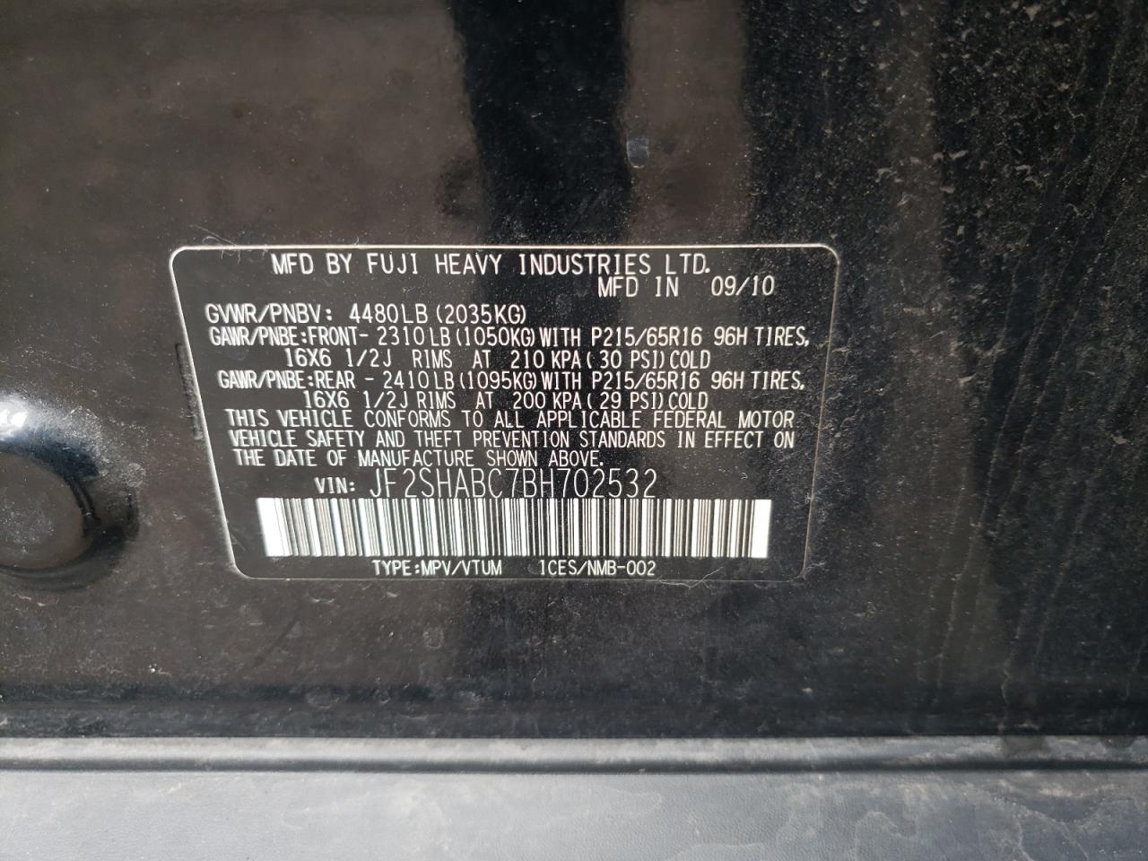 Photo 10 from auction – 2011 SUBARU FORESTER 2 with VIN JF2SHABC7BH702532