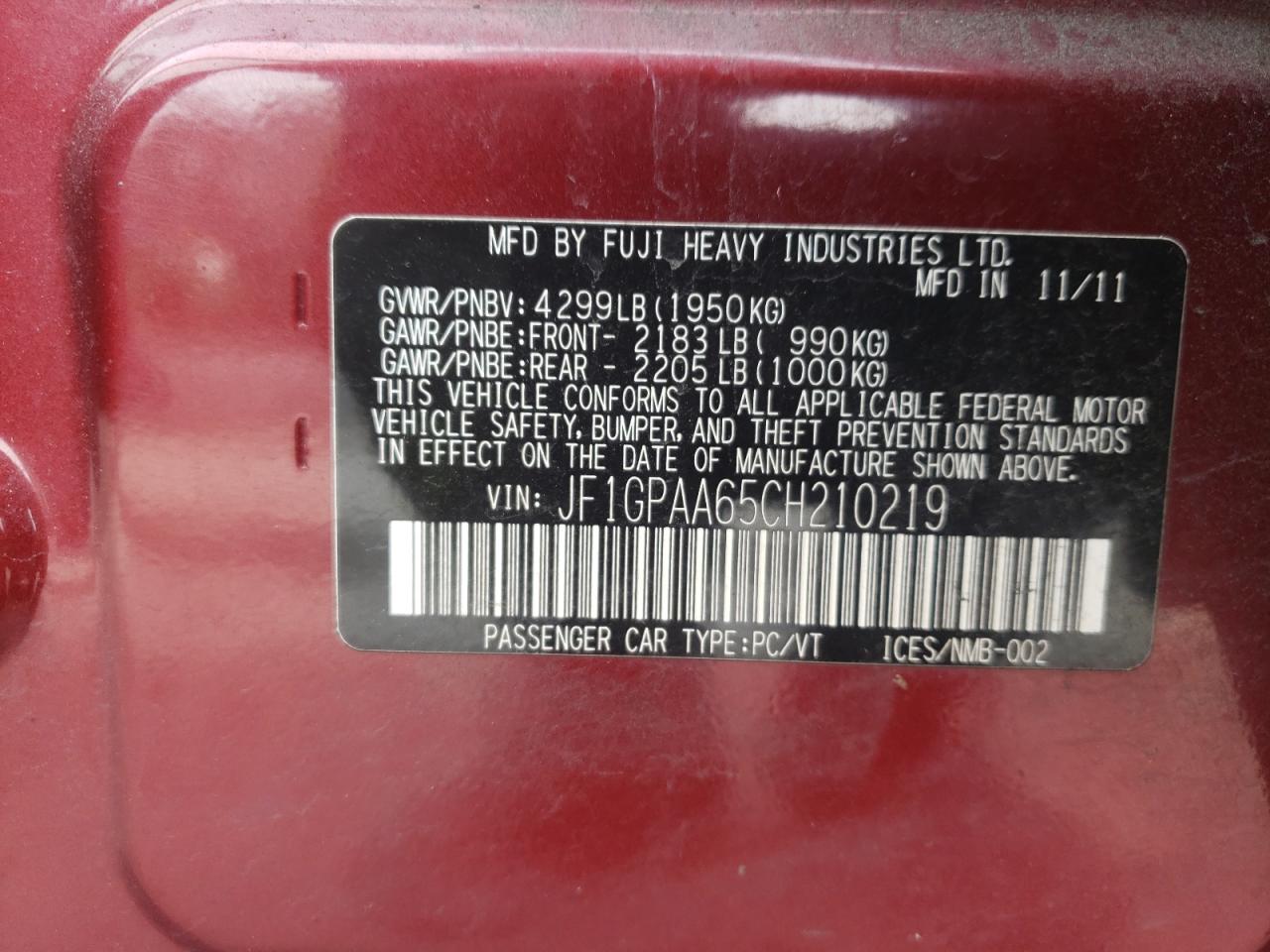 Photo 10 from auction – 2012 SUBARU IMPREZA with VIN JF1GPAA65CH210219