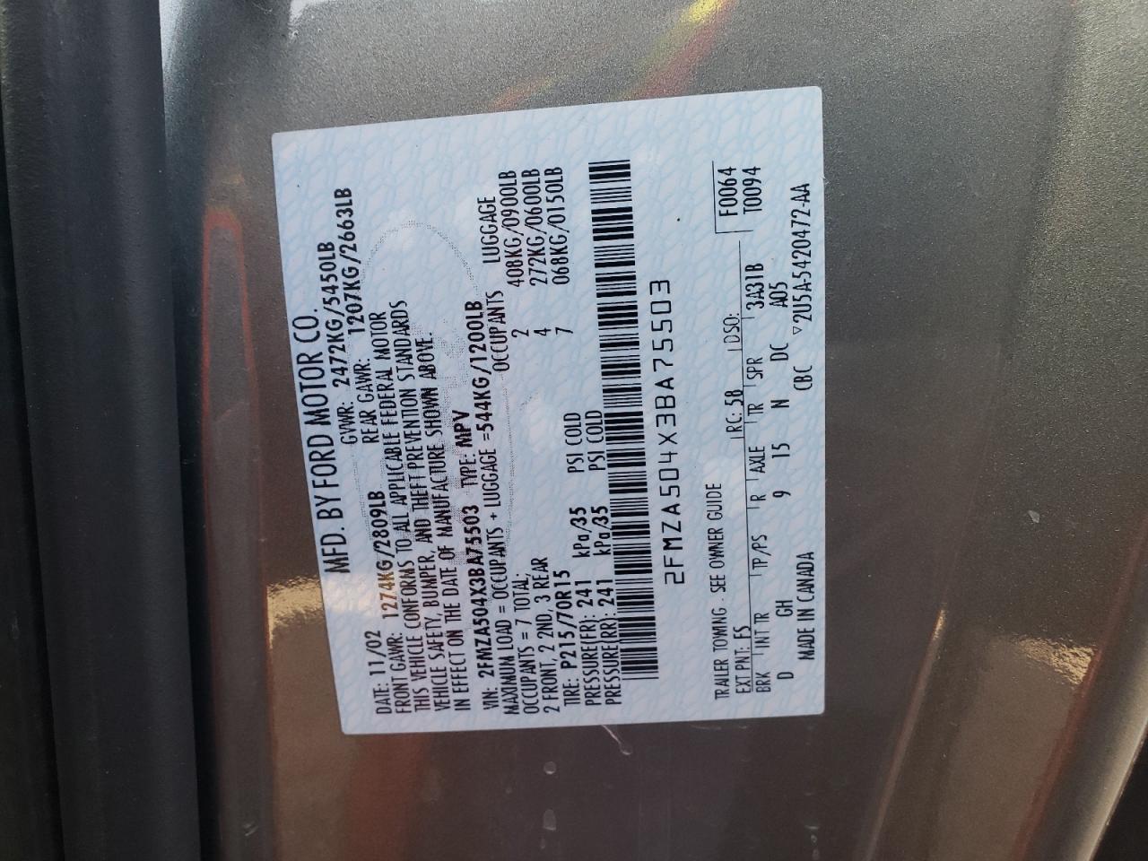 Photo 10 from auction – 2003 FORD WINDSTAR W with VIN 2FMZA504X3BA75503