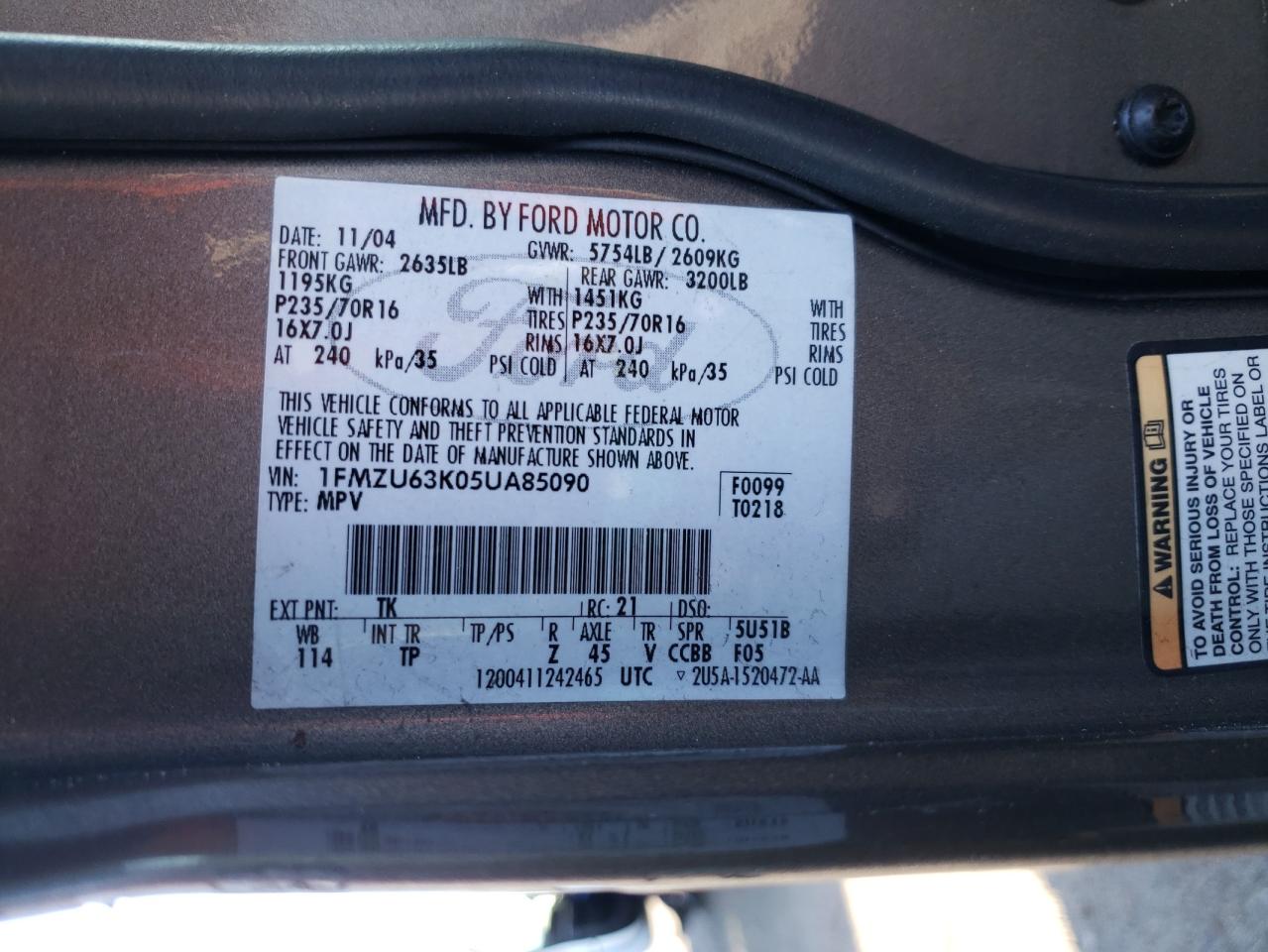 Photo 10 from auction – 2005 FORD EXPLORER X with VIN 1FMZU63K05UA85090