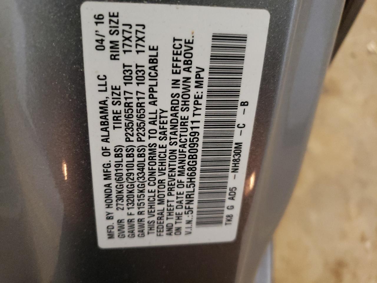 Photo 10 from auction – 2016 HONDA ODYSSEY with VIN 5FNRL5H68GB095911
