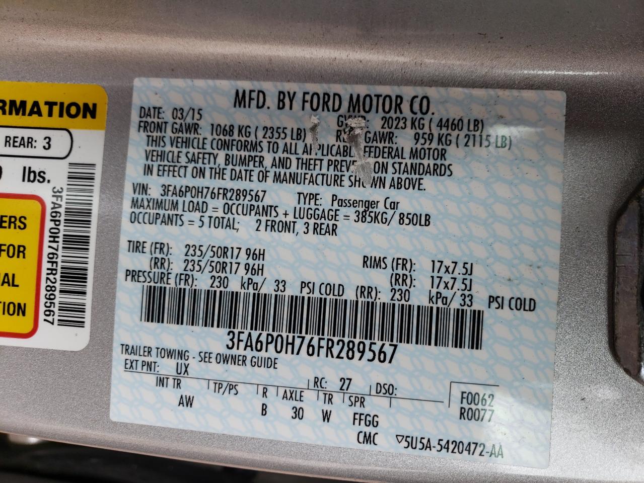 Photo 10 from auction – 2015 FORD FUSION SE with VIN 3FA6P0H76FR289567