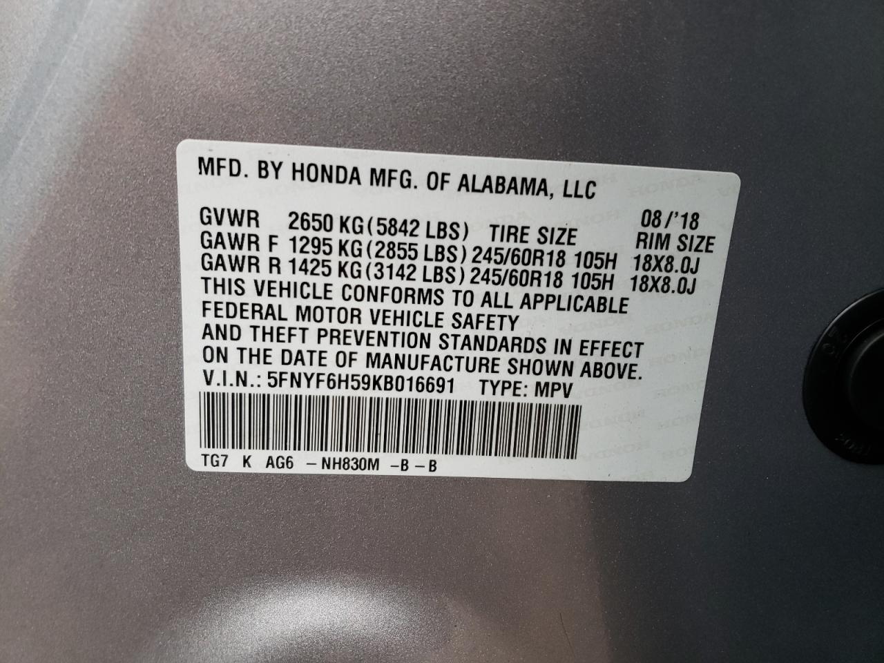 Photo 10 from auction – 2019 HONDA PILOT EXL with VIN 5FNYF6H59KB016691