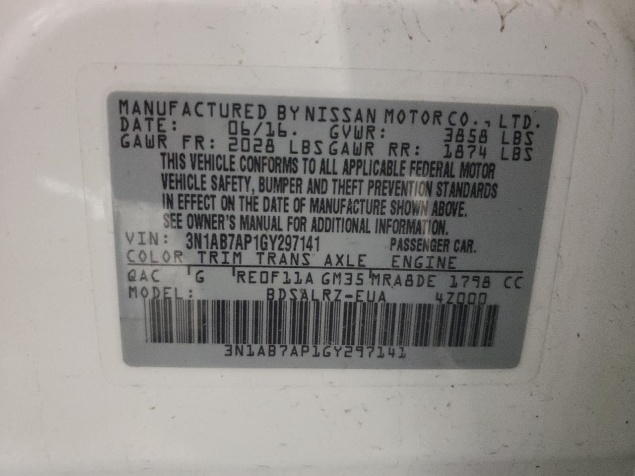 Photo 10 from auction – 2016 NISSAN SENTRA S with VIN 3N1AB7AP1GY297141