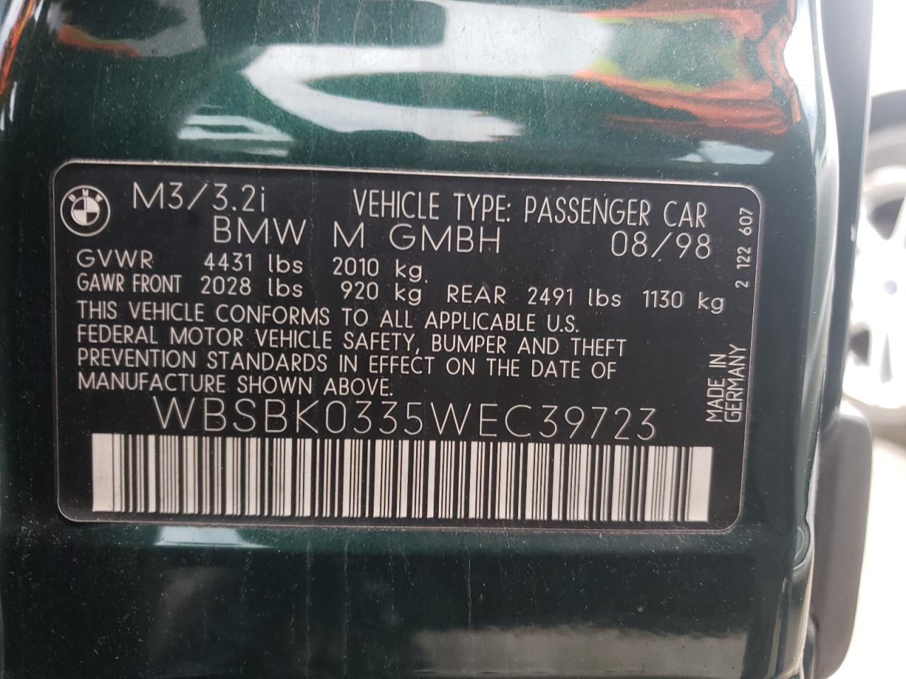 Photo 10 from auction – 1998 BMW M3 AUTOMAT with VIN WBSBK0335WEC39723