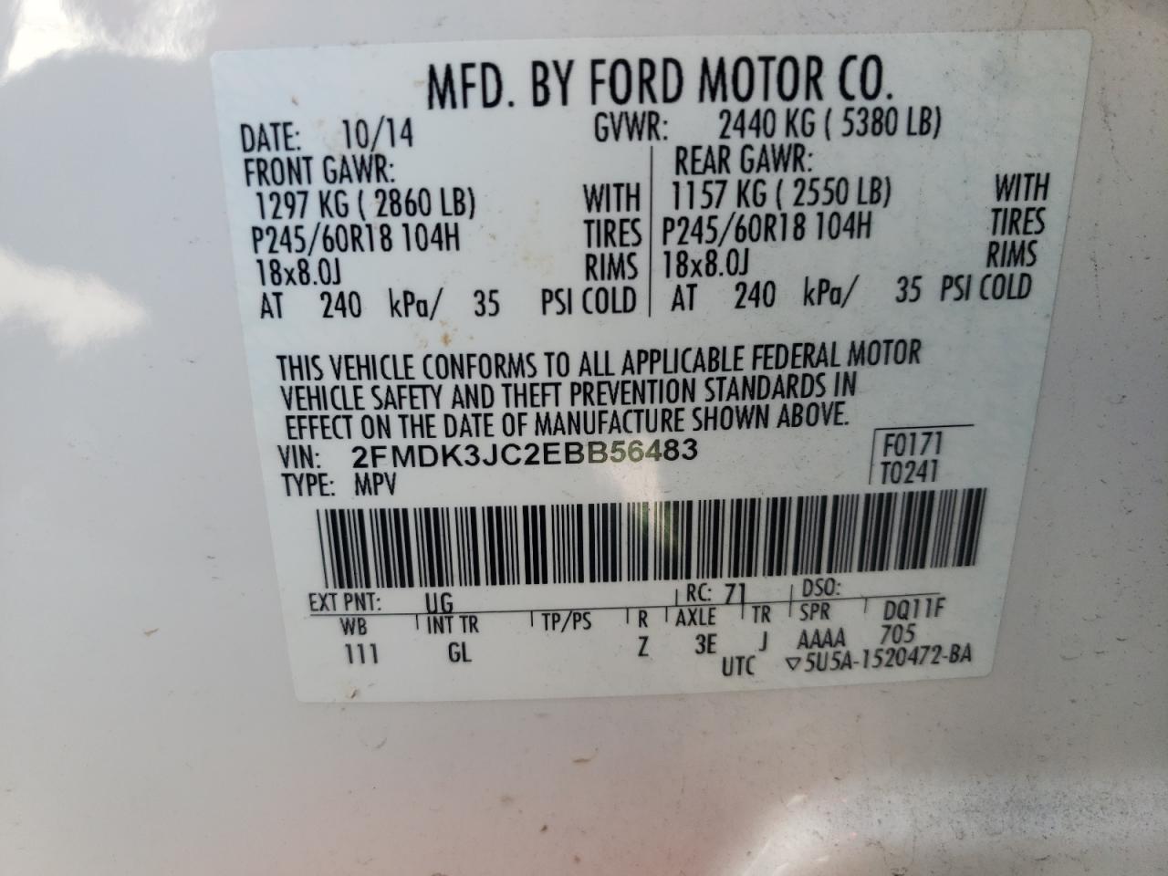 Photo 10 from auction – 2014 FORD EDGE SEL with VIN 2FMDK3JC2EBB56483
