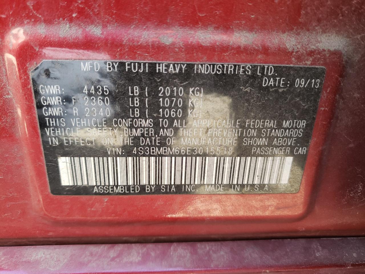 Zdjęcie 10 z aukcji – 2014 SUBARU LEGACY 2.5 z VIN 4S3BMBM66E3015518