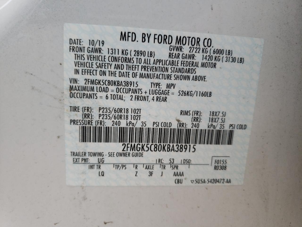 Photo 10 from auction – 2019 FORD FLEX SEL with VIN 2FMGK5C80KBA38915
