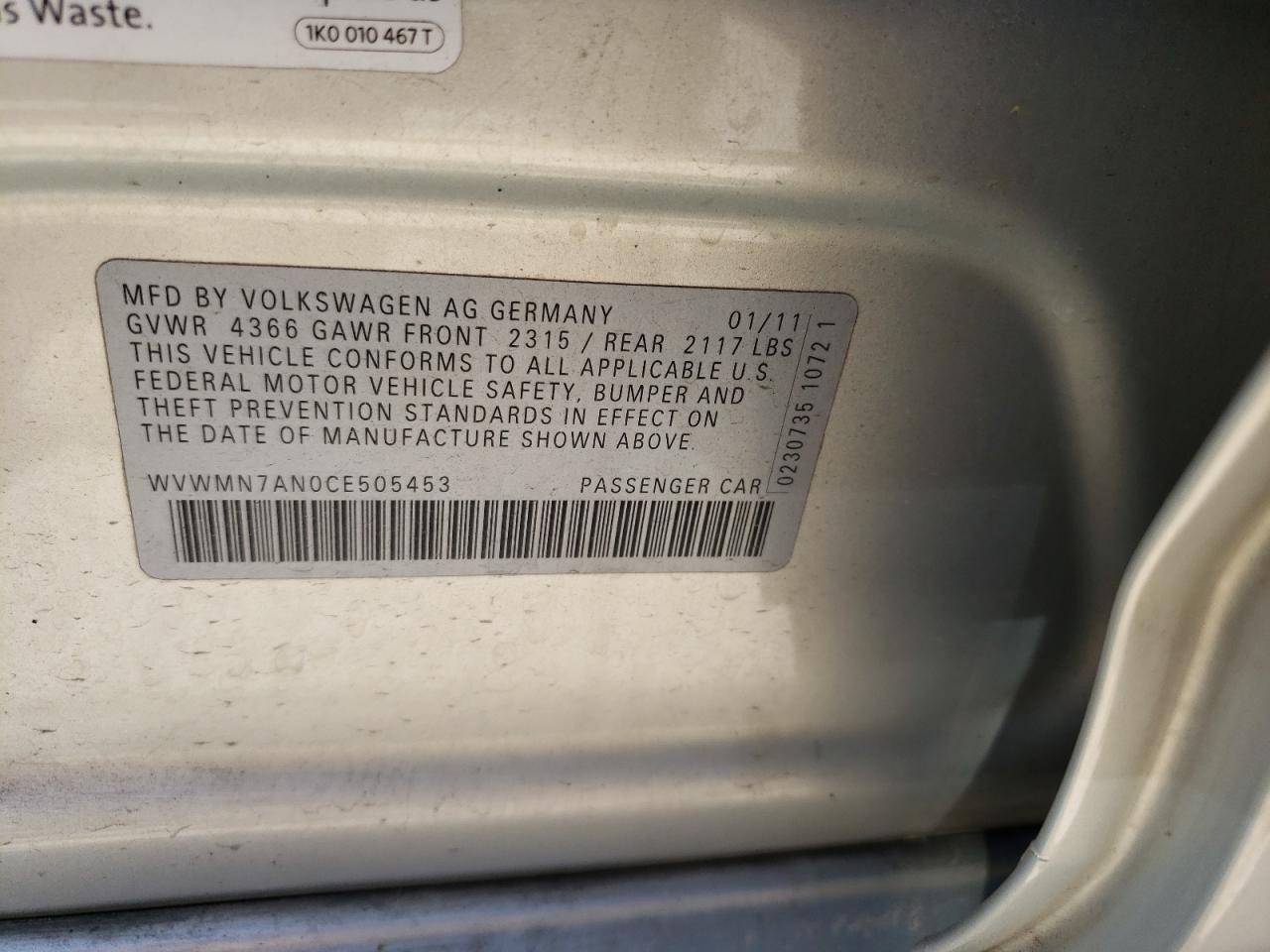Photo 10 from auction – 2012 VOLKSWAGEN CC with VIN WVWMN7AN0CE505453