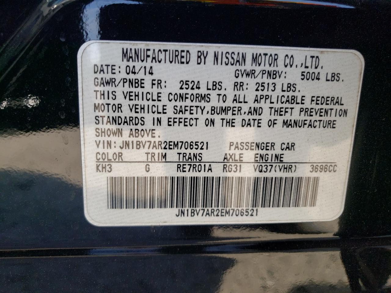 Photo 10 from auction – 2014 INFINITI Q50 BASE with VIN JN1BV7AR2EM706521