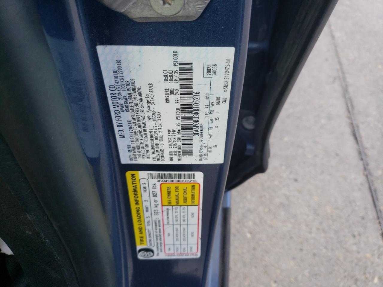 Photo 10 from auction – 2019 FORD FUSION TIT with VIN 3FA6P0RU3KR105216