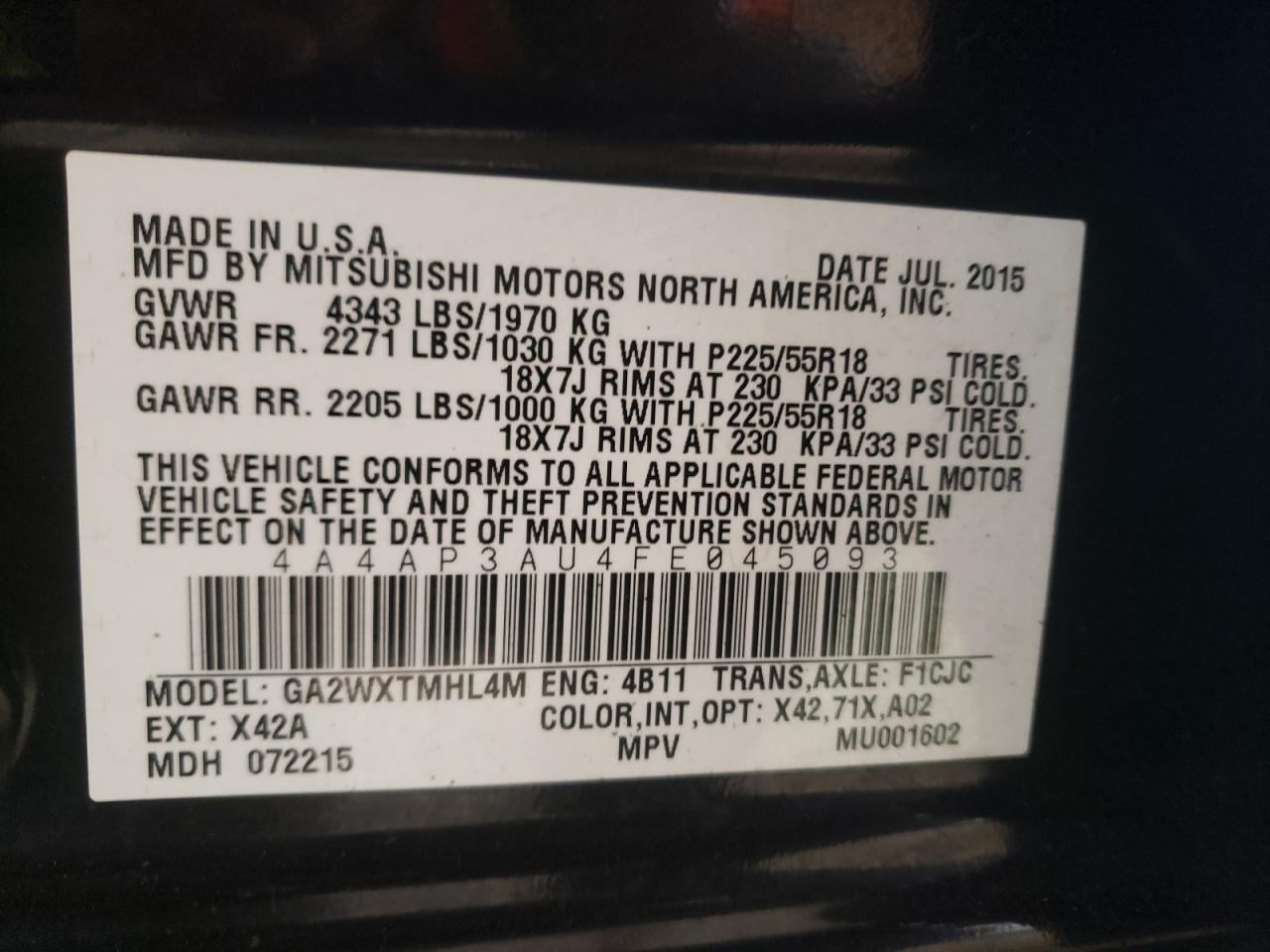 Photo 10 from auction – 2015 MITSUBISHI OUTLANDER with VIN 4A4AP3AU4FE045093